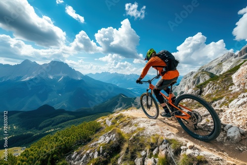 Mountain biker riding downhill in the mountains. 
