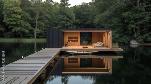 A minimalist boathouse with a dock, storage for paddles, and a simple seating area. 
