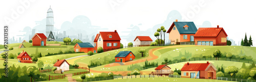 Idyllic countryside panorama with red farmhouses and lighthouse