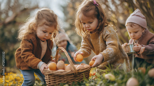 Children look for and collect colorful Easter eggs and put the eggs in a basket. Copy space