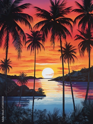 Caribbean Beach Sunsets: Palm Silhouette Twilight Framed Landscape Print