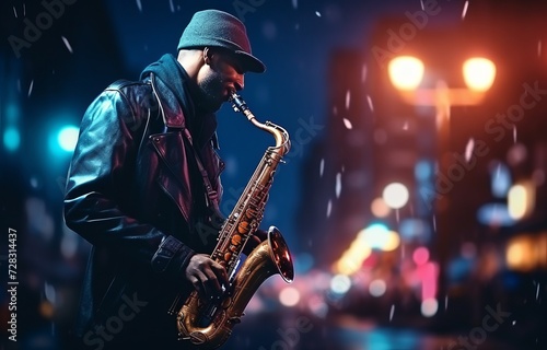 African American guy plays the saxophone on the street in the evening lights of the city