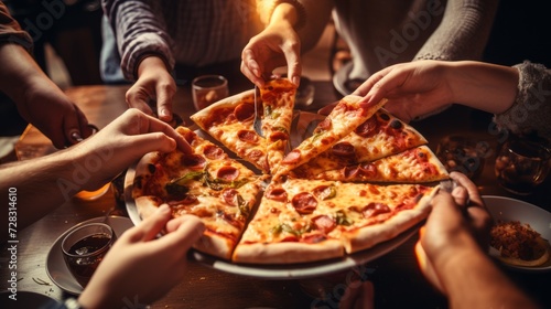 Close-up of a group of young people, students eating delicious hot pizza with cheese and pepperoni. friends' hands take a slice of pizza in a restaurant, pizzeria or cafe. Italian food concepts.