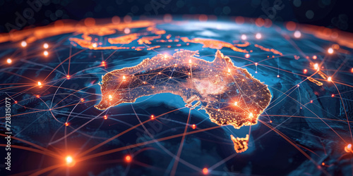 Blue abstract digital map of Australia with lines and dots. Suitable for travel, navigation, cartography, geography, cyber technology concepts, data transfer and business information