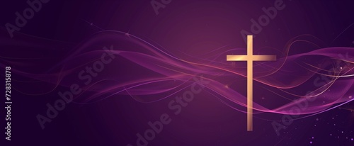 Ash Wednesday banner with stylized ash cross on a purple backdrop, elegant ribbon-like swirls around the cross, sleek and contemporary