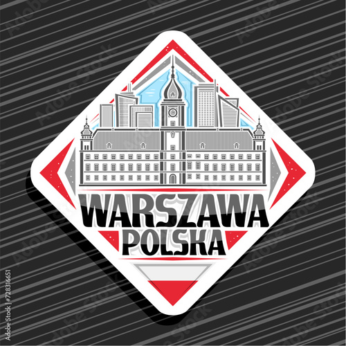 Vector logo for Warszawa, white rhombus road sign with line illustration of historic european warszawa city scape on day sky background, decorative refrigerator magnet with black text warszawa polska