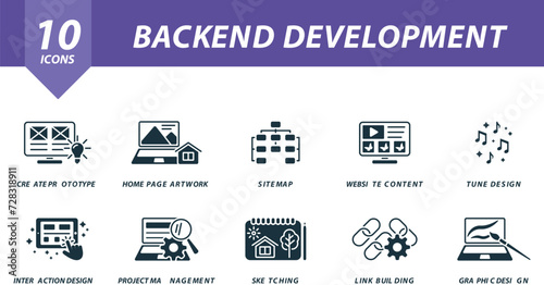 Backend development set. Creative icons: create prototype, homepage artwork, sitemap, website content, tune design, interaction design, project management, sketching, link building, graphic design.