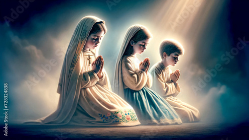 Divine Blessings: The Three Shepherd Children in Devout Pray at the Miracle of Fatima in 1917.