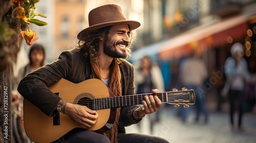A street musician serenading passersby with a melodic tune, adding charm to the city.