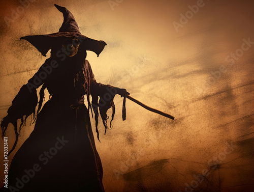 The shadow of the silhouette of a witch with a broom on a textured background.