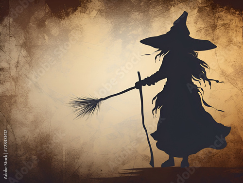 The shadow of the silhouette of a witch with a broom on a textured background.