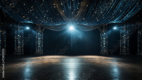 An opulent empty event stage with a shimmering crystal curtain backdrop and grandeur
