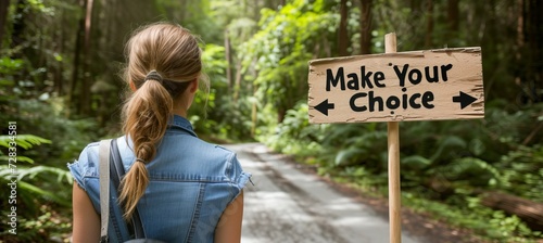 Woman at crossroad with two way sign, make your choice, copy space for text placement