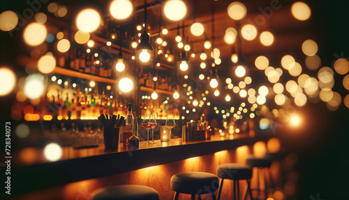 Blurry bar counter with radiant bokeh spheres. Generative AI.