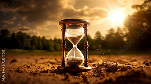 Hourglass resting on sand, embodying time's passage and business deadlines in a symbol of antique elegance