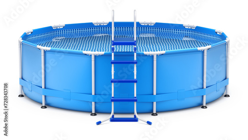 Front view of portable outdoor frame swimming pool with ladder - 3D illustration