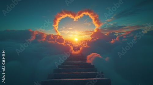 Stairway to Heaven, stairs leading to sky, sun and clouds heart-shaped, religious concept, sunrise