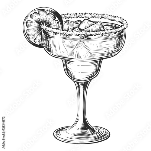 Vector engraved style illustration for posters, decoration and print. Hand drawn sketch of cocktail with ice cubes and slice of lemon, monochrome isolated on background. Detailed vintage woodcut style