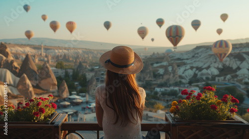Girl traveler vacations on a hotel terrace in a beautiful destination in Goreme, Turkey. Fabulous Kapadokya with flying air balloons at sunrise, Anatolia