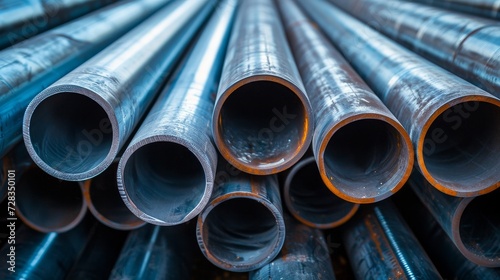 Stack of stainless steel pipes, metallurgical industry concept background with industrial backdrop