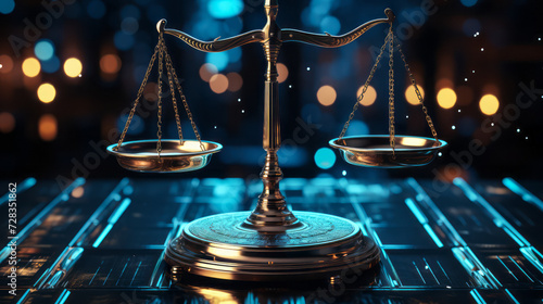 Scales of justice in a futuristic cyber world, symbolizing law, order, and legal technology in a digital era with blue neon lights and abstract data background