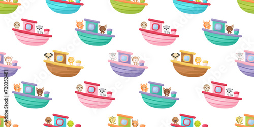 Cute little animals on boat seamless childish pattern. Funny cartoon animal character for fabric, wrapping, textile, wallpaper, apparel. Vector illustration