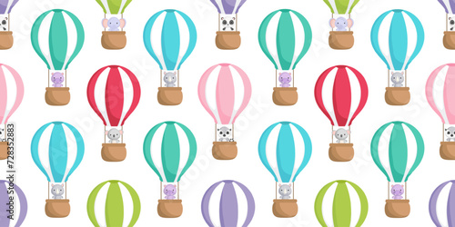 Cute little animals fly on hot air balloons seamless childish pattern. Funny cartoon animal character for fabric, wrapping, textile, wallpaper, apparel. Vector illustration