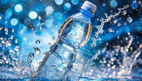 mineral water a plastic bottle in the middle and flying splashes and drops of water around a blue bokeh background