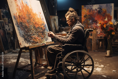 man artist in a wheelchair paints a picture