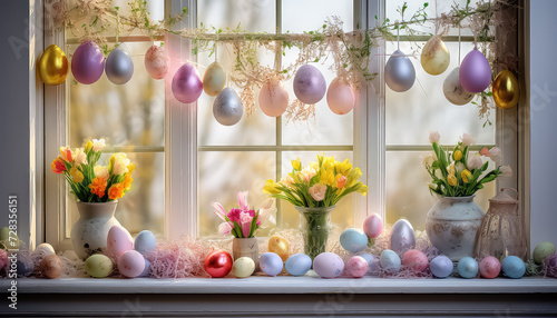 Painted eggs on the windowsill with flower branches, easter concept
