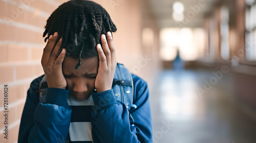 African American teenage boy suffering from headache, covering his face with his hands, standing alone in a bright school corridor. Migraine in children