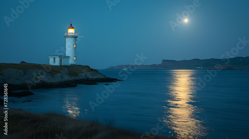 A lighthouse, with tranquil waters as the background, during a moonlit sail