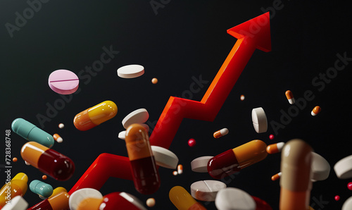 A red upward arrow flows from various drugs and medicine pill. Pharmaceutical drug prices rising concept.