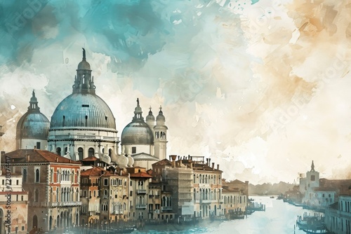 Venetian famous landmarks, hand drawn illustration, watercolor