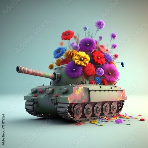 Toy tank fires a bouquet of flowers. Peace concept background 3D Rendering wouldn't peace be better? war zone sprocket solider cannon worldwar ukraine safety army military Generative AI