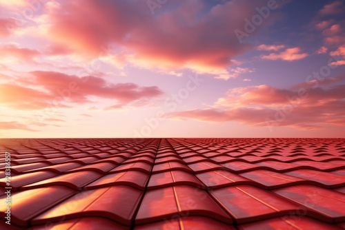 House reconstruction with new red tile roof during sunset gold hour sunny weather. Generative Ai.