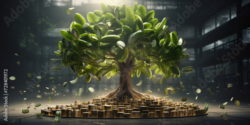 Sprawling golden money tree with coin leaves on dark background 