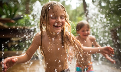 children running through a sprinkler, joy and water droplets in the air, garden backdrop