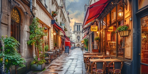 Rustic Parisian street lined with charming sidewalk cafes.