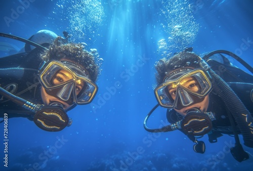 Exploring the depths, two aquanauts glide through the underwater world in their scuba gear, guided by a divemaster and surrounded by the beauty of the ocean