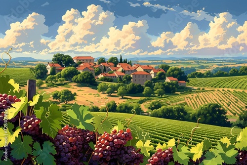 Famous vineyard in Bourgogne, France offering wine sampling and showcasing popular grape varieties through beautiful illustrations of the French landscape 