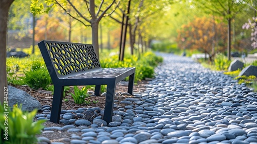 Tranquil park scene with a modern graphite bench along a decorative stone path