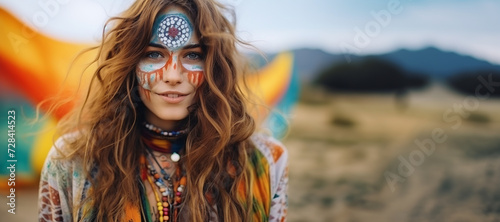 young caucasian hippie woman with colorful painted makeup, eclectic, earthcore style, blurred rainbow patterns