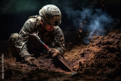 A soldier in the trenches digs with a shovel at night