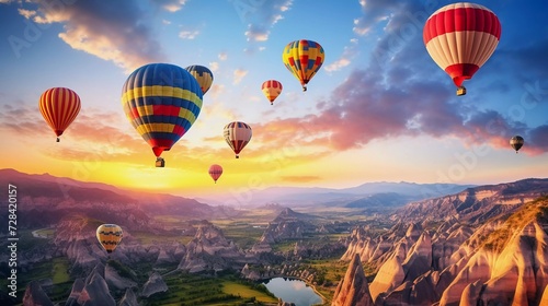 realistic photo Colorful hot air balloons flying over mountains. generative ai