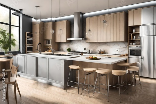 Design a modern and functional kitchen with high-quality, stainless steel appliances 
