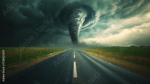 Dramatic tornado forming on a deserted highway under stormy skies