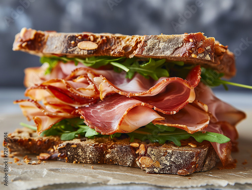 Sandwich with pieces of dried meat mortadella and greens. Italian snack in close-up. Photorealistic, background with bokeh effect. 