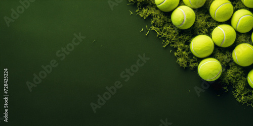 Sport style border design with tennis balls and grass background flatlay.