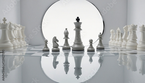 3d render, chess game white pawn piece stands in front of the round mirror with reflection of white queen. Contradiction metaphor. Ambitions concept. Minimalist composition